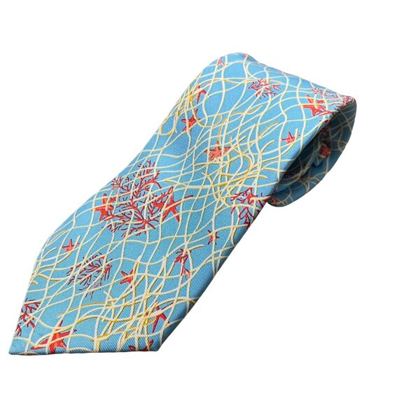 J. McLaughlin Mens Blue Red Silk Underwater Sea Coral Starfish Neck Tie - Picture 1 of 4